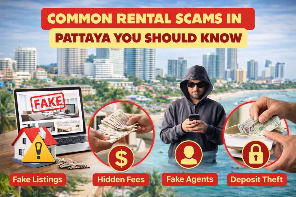 Common Rental Scams in Pattaya Every Tenant Should Know Visual guide highlighting common rental scams in Pattaya that tenants should watch out for before signing a lease or transferring rental payments