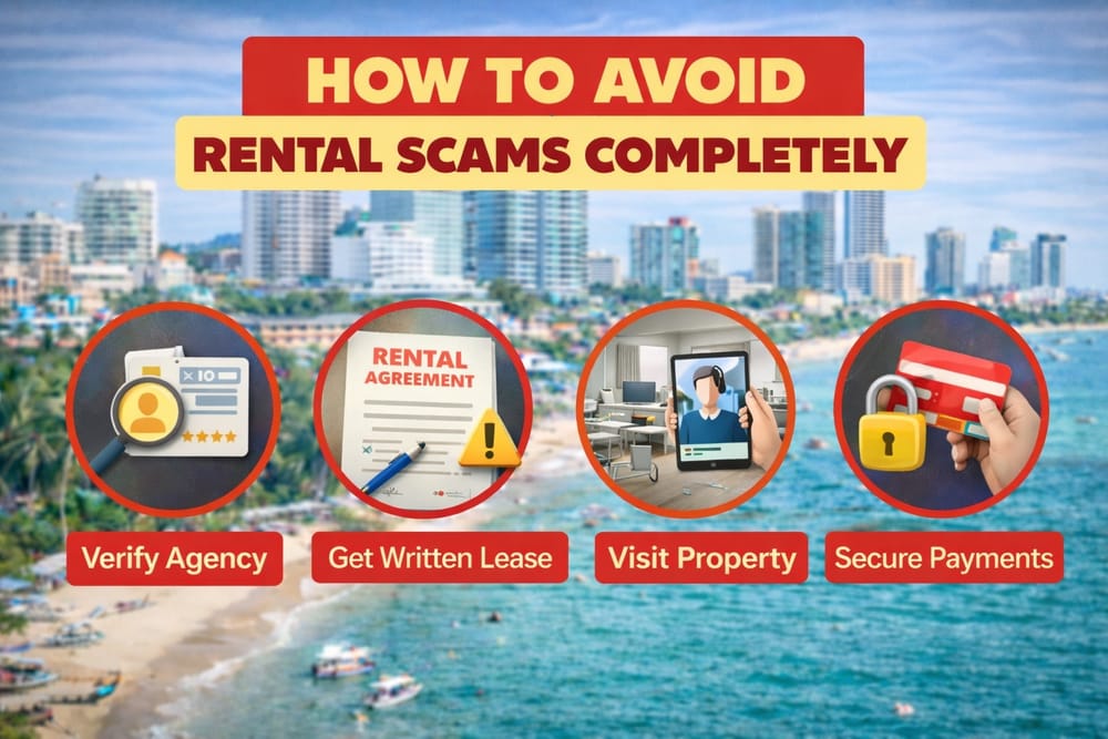 How to Avoid Rental Scams in Pattaya – Safe Renting Guide Infographic showing steps on how to avoid rental scams in Pattaya, including verifying agents, checking contracts, and protecting rental payments