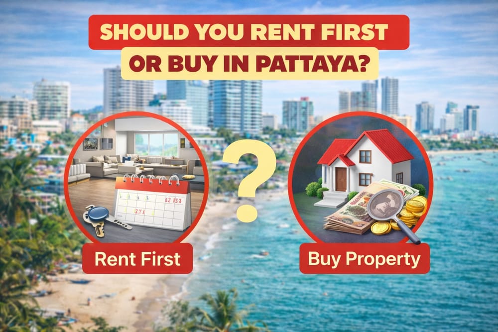 Should You Rent First or Buy Property in Pattaya? Comparison showing renting versus buying property in Pattaya, helping foreigners decide the best option based on lifestyle, budget, and long-term plans