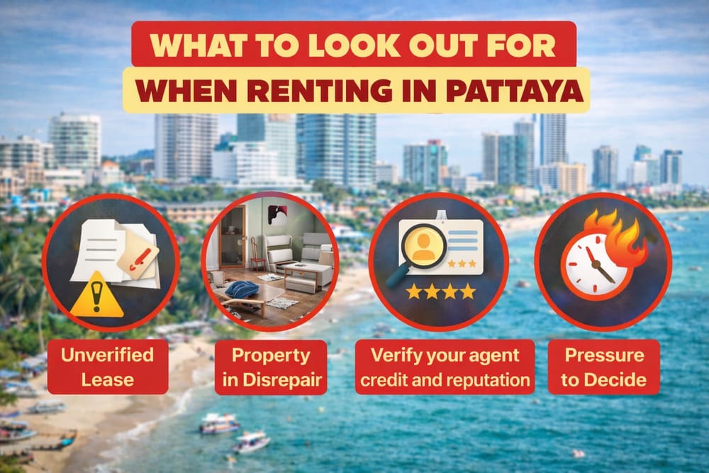 What to Look Out for When Renting in Pattaya – Verify Agent Reputation Checklist for renters in Pattaya highlighting the importance of verifying agent credibility, reputation, and authority before renting a property