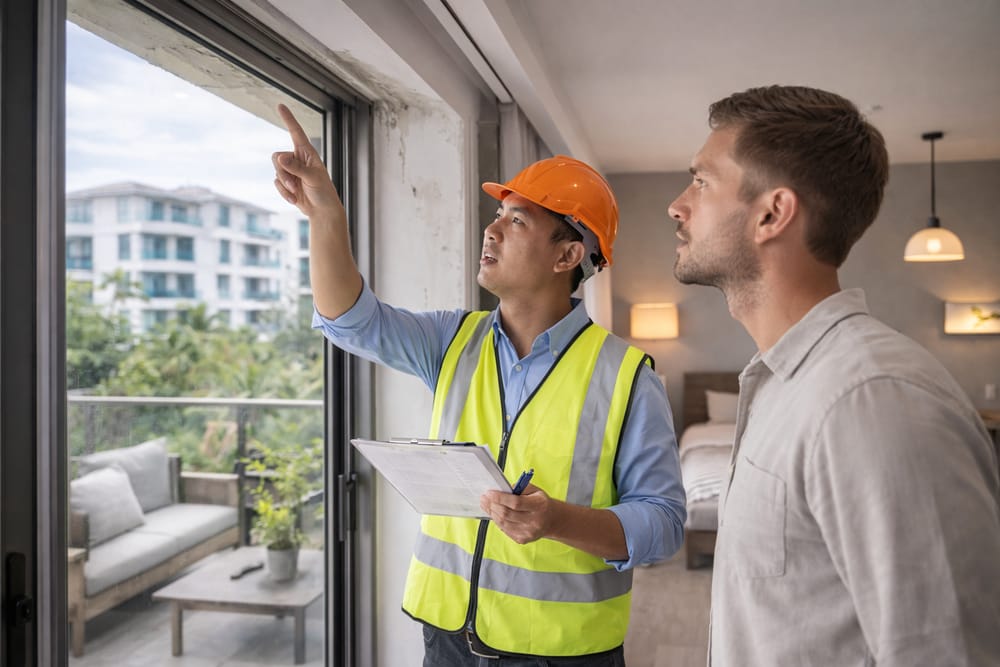 Professional Property Inspector Reviewing Property Issues in Pattaya Professional property inspector in Pattaya explaining inspection findings to a buyer inside a Property