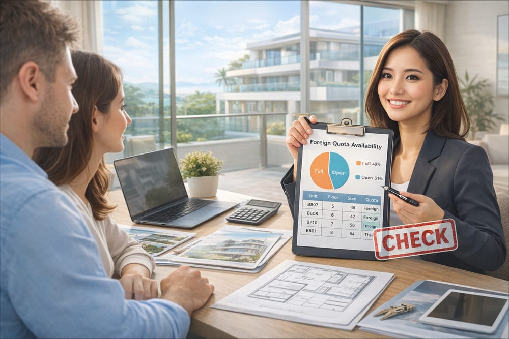 Foreign Quota Check Before Buying a Condo in Thailand Real estate agent explaining foreign quota availability to buyers before paying a condo deposit in Thailand