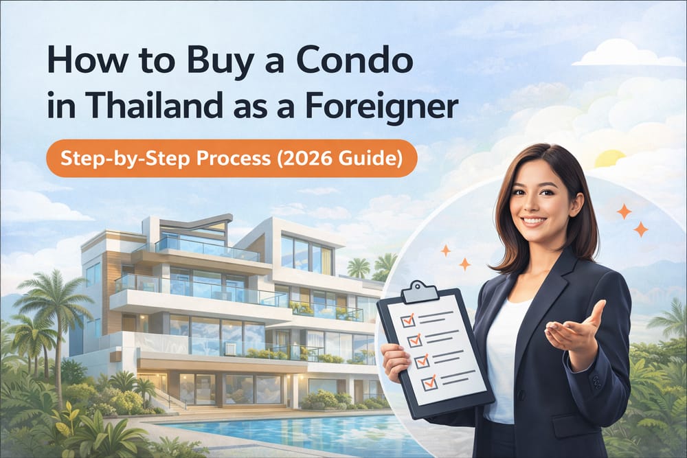 How to Buy a Condo in Thailand as a Foreigner Step-by-step guide image showing a female real estate agent and modern condo for foreign buyers in Thailand