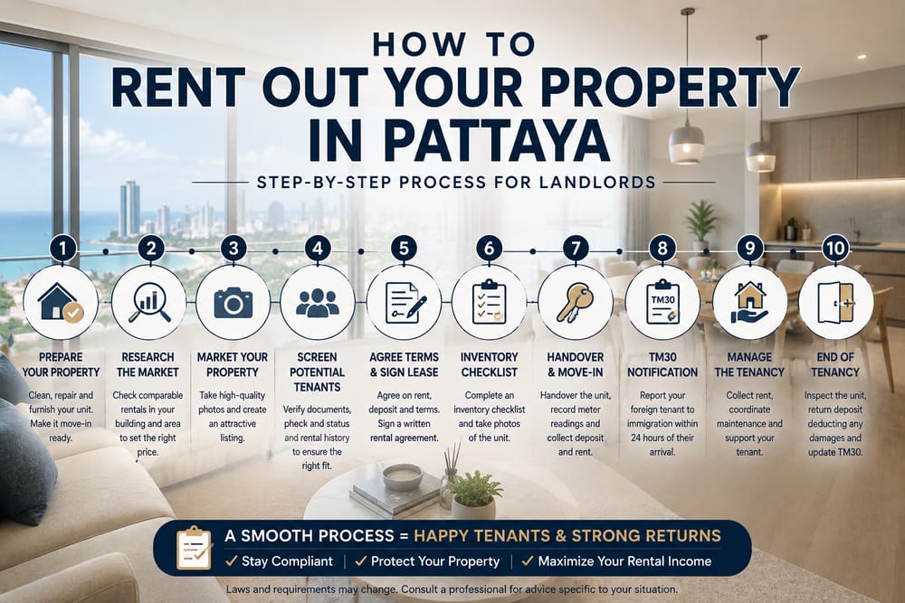 How to Rent Out Property in Pattaya – Step-by-Step Process Step-by-step process for renting out property in Pattaya, including preparing the property, setting rent, finding tenants, signing a lease, handover and TM30 notification.