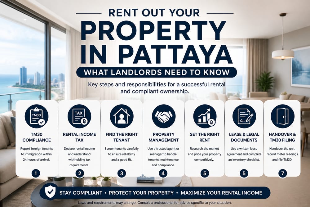 Rent Out Property in Pattaya – What Landlords Need to Know Pattaya landlord guide covering TM30 reporting, rental income tax, tenant screening, property management, rental pricing, lease documents and property handover.