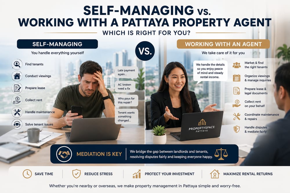 Self-Managing vs Pattaya Property Agent – Landlord Guide Comparison of self-managing a rental property versus working with a Pattaya property agent for tenant sourcing, viewings, rent collection, maintenance and tenant mediation.